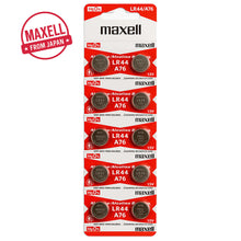Pack of Maxell LR44 A76 alkaline batteries, ideal for small electronics, 10-button cell blister pack.