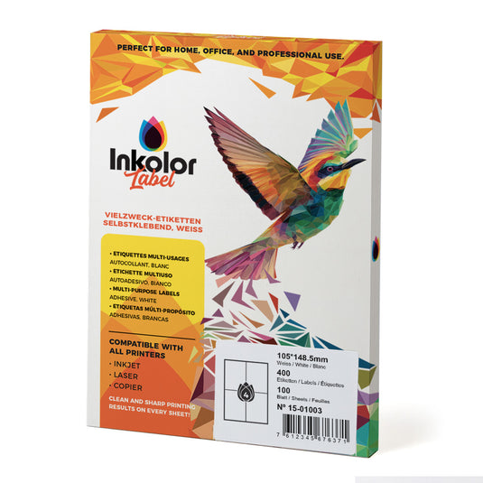 Alt Tag: Inkolor Etiketten 105*148.5mm Verpackung, weisse selbstklebende Papieretiketten 105x148,5 mm, geeignet fuer Inkjet, Laser und Kopierer