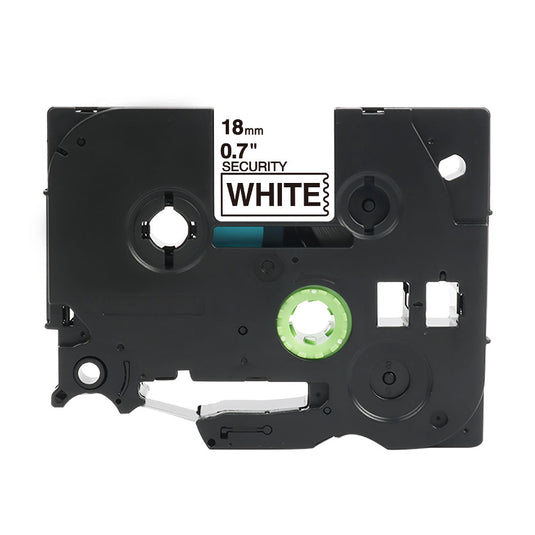Alt Tag: Brother Tze-SE4 kompatibles Beschriftungsband fuer P-Touch, 18 mm Security White Etikettenband Kassette