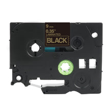 Black laminated tape cartridge, 9mm width for label makers, featuring durable design suitable for various labeling needs.