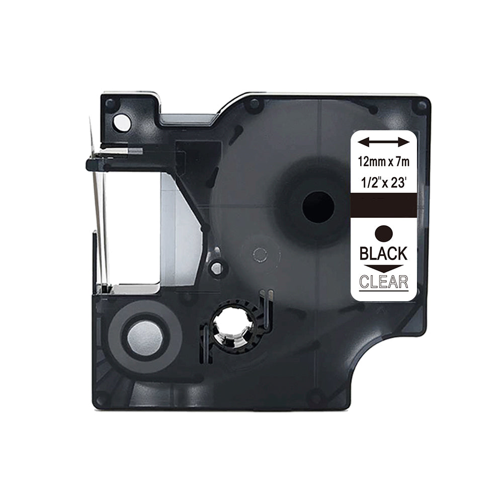 Dymo 45010 (S0720500) compatible black on clear label tape cartridge, 12mm x 7m, durable and smudge-proof for various uses.