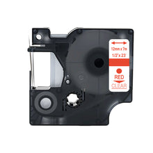 Dymo 45012 compatible label tape, 12mm x 7m, red on clear, ideal for office, school, and home use in labeling files and cables.