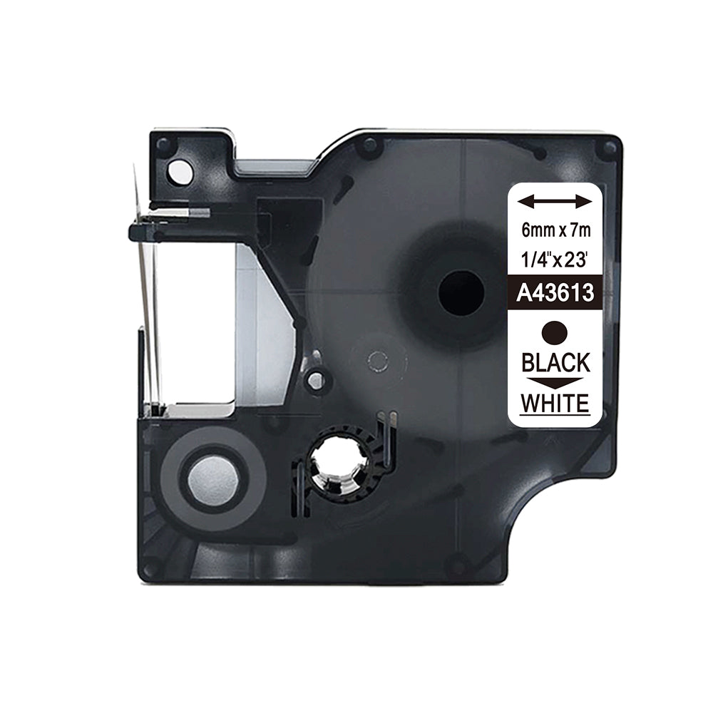 Dymo 43613 compatible label tape cartridge, 6mm x 7m, black on white, perfect for clear, durable labeling in various environments.