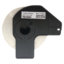 Compatible Brother DK-11203 labels for QL series, file folder type, shown in roll format, ideal for sharp professional printing.