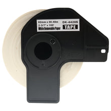 Brother DK-44205 compatible label tape roll for QL series, 62mm x 30.48m, white removable paper.