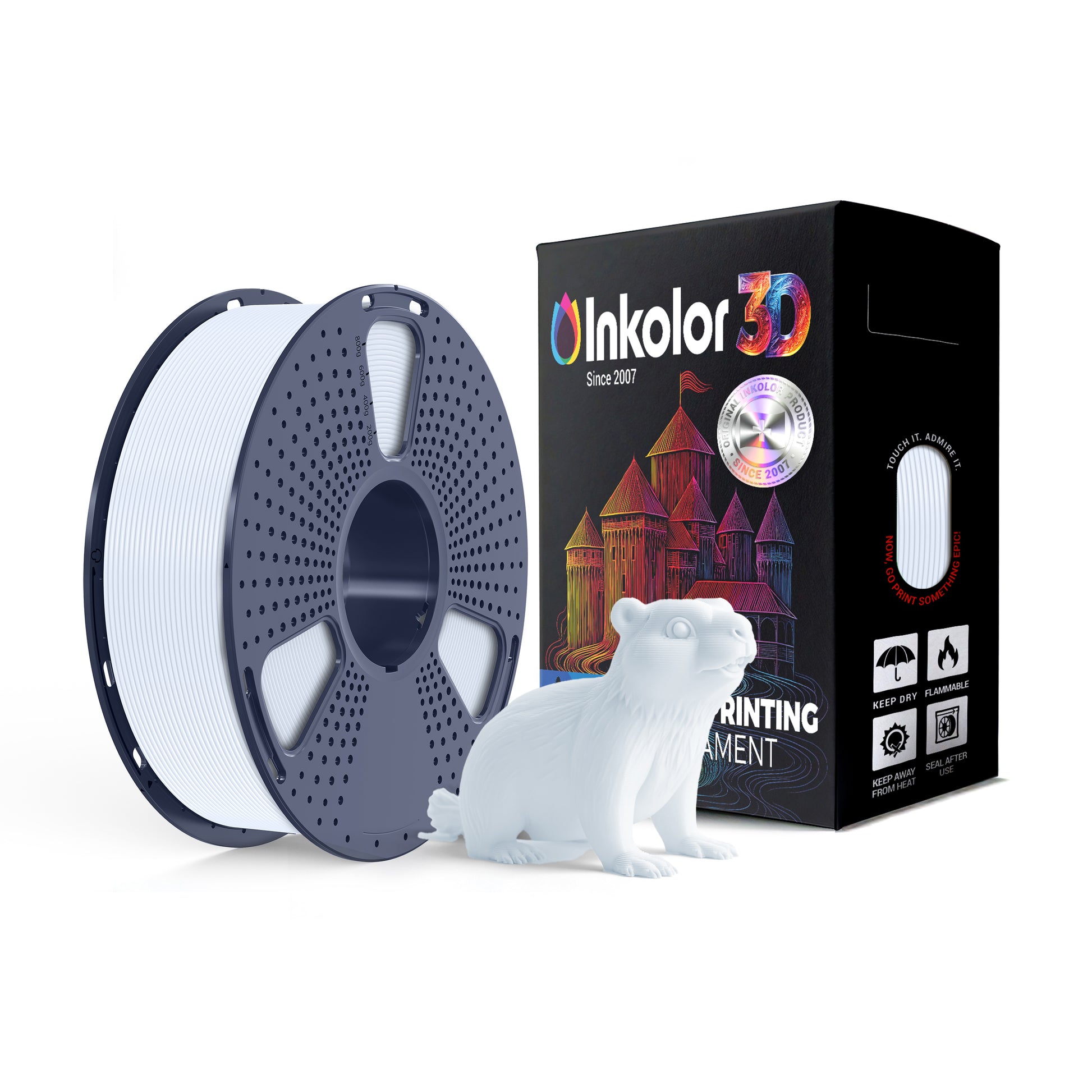 Inkolor PLA Weiss Filament 1.75mm 1Kg 3D-Druck Filament displayed with spool and model.