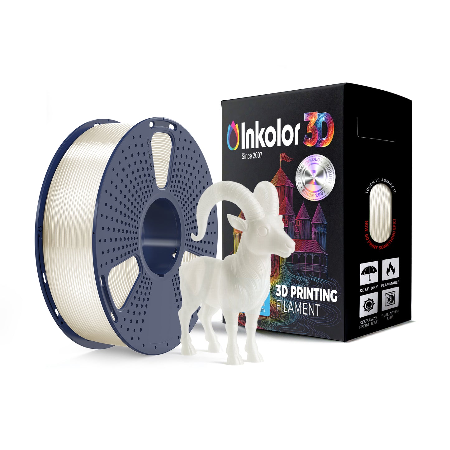 Inkolor PLA Transparent Filament 1.75mm 1Kg 3D-Druck Filament spool with 3D printed goat model