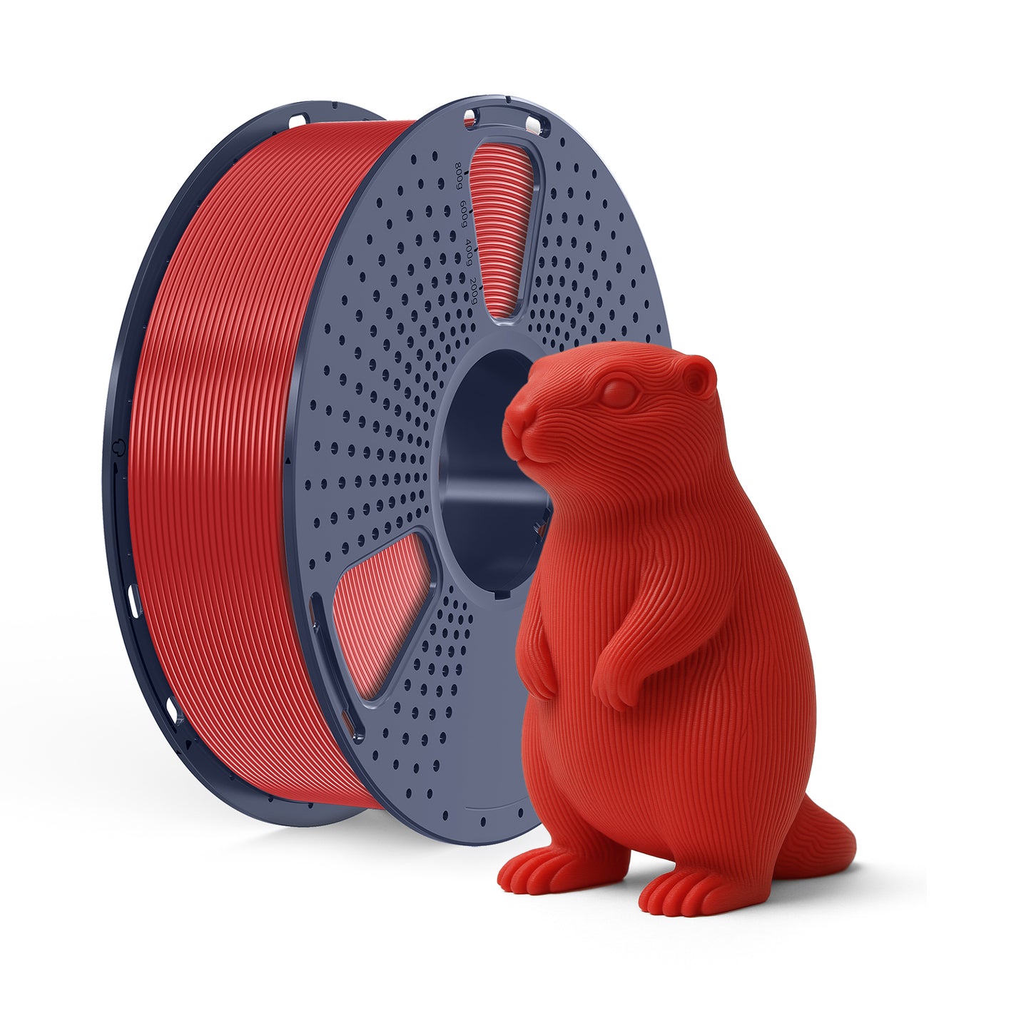 Inkolor PLA Rot Filament 1.75mm 1Kg 3D-Druck Filament neben rotem 3D-gedrucktem Spielzeug auf Spule