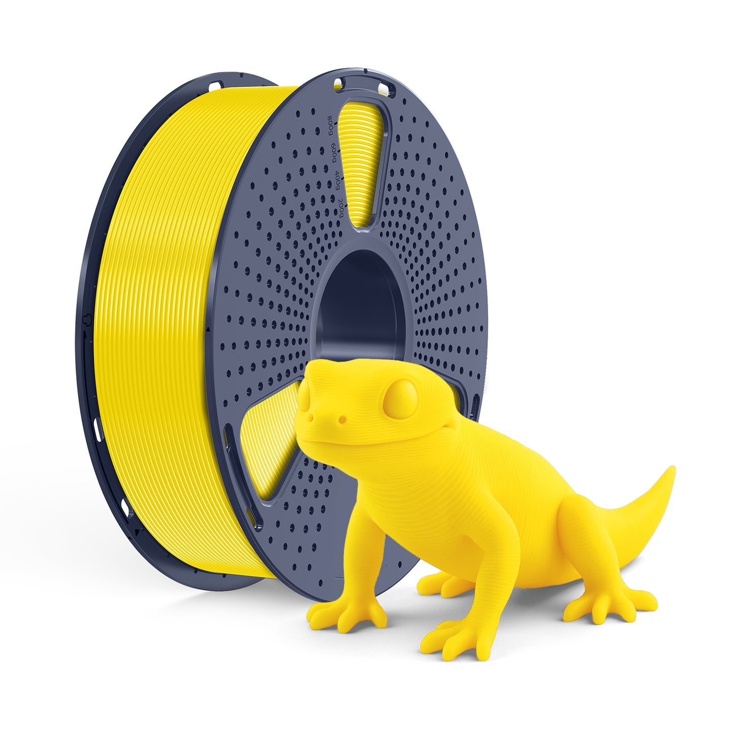 Inkolor PLA Gelb Filament 1.75mm 1Kg 3D-Druck Filament spool and yellow 3D-printed lizard model.
