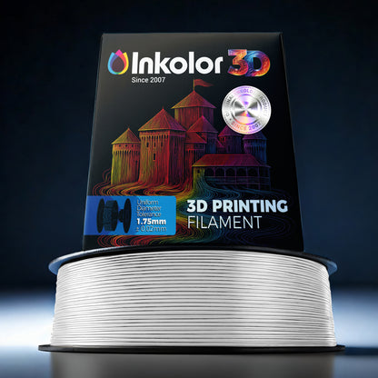 Inkolor PLA Matt Weiss Filament 1.75mm 1Kg 3D-Druck Filament in packaging with white spool, silky surface for high-quality prints.
