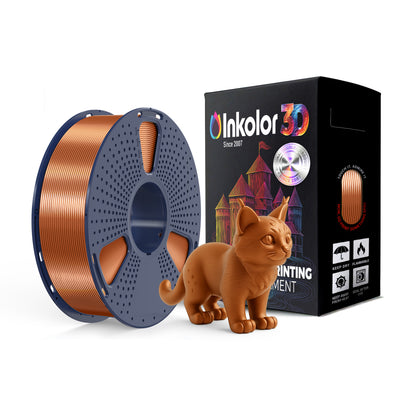 Inkolor Silk PLA+ Rot Kupfer Filament 1.75mm 1Kg 3D-Druck Filament with printed cat model and packaging