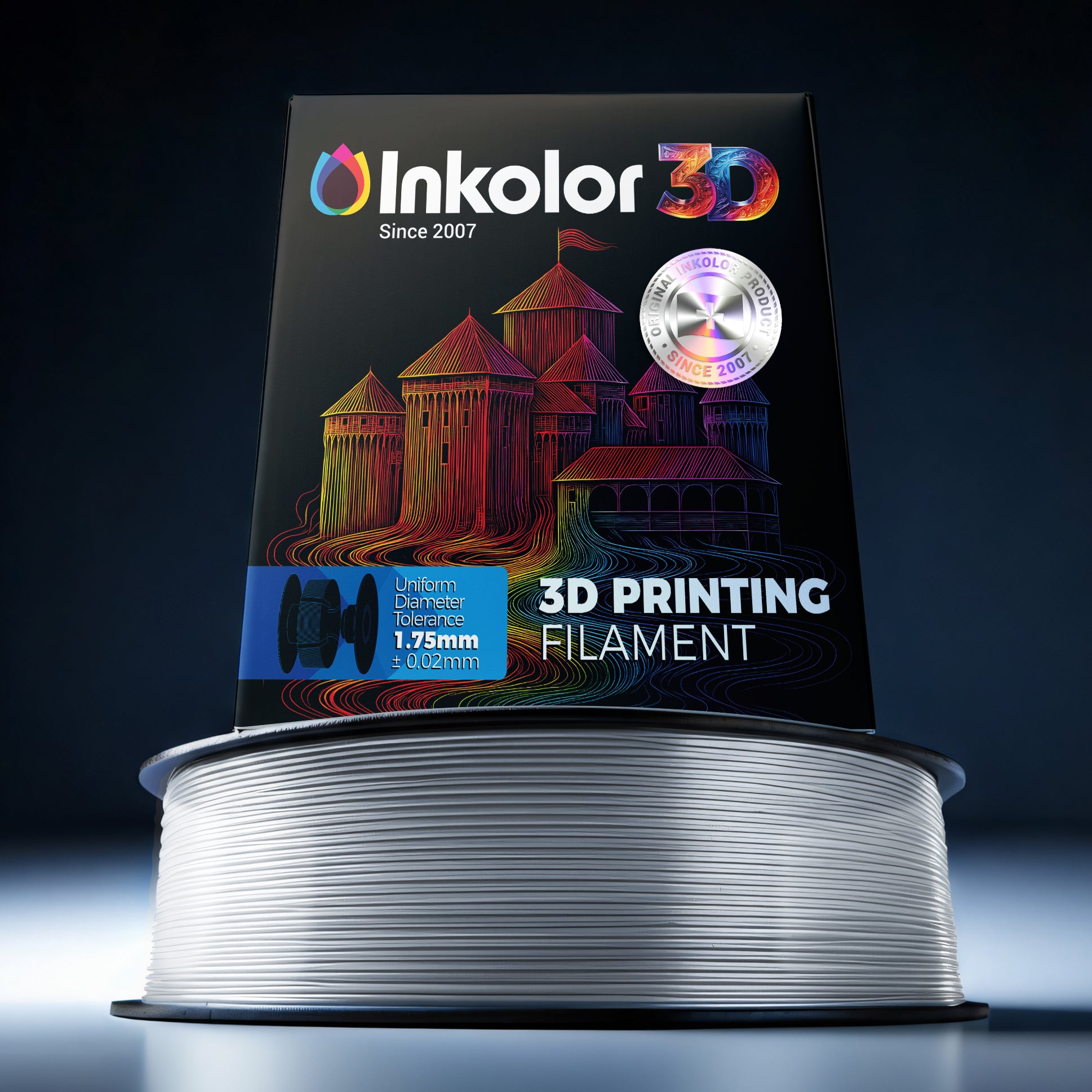 Inkolor PETG Transparent Filament 1.75mm 1Kg 3D-Druck Filament on a spool with vibrant packaging