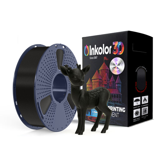 Alt Tag: Inkolor ABS Black Filament 1.75mm 1Kg 3D-Druck Filament Spule und Verpackung, robustes hitzebestaendiges ABS, acetonpolierbar