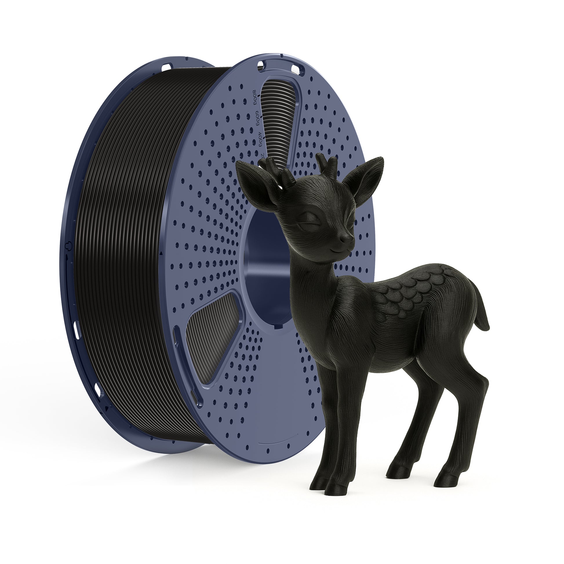 Spool of Inkolor ABS Schwarz Filament 1.75mm 1Kg with 3D-printed black deer, ideal for technical prototypes and tools.
