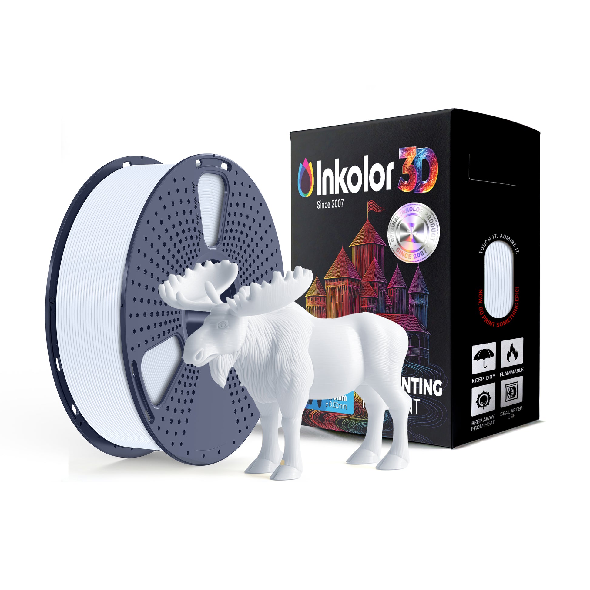 Inkolor ABS Weiss Filament 1.75mm 1Kg 3D-Druck Filament with white moose model and packaging