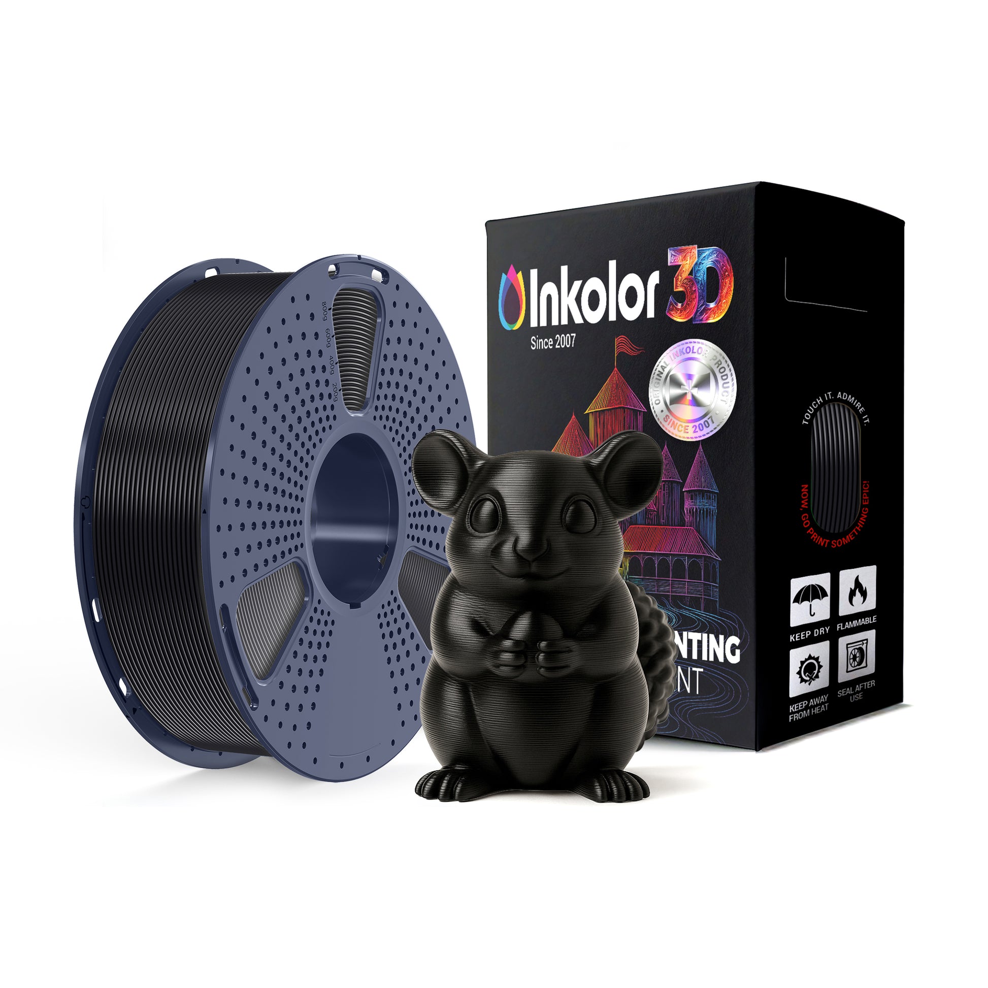 Inkolor TPU95A Schwarz Filament 1.75mm 1Kg 3D-Druck Filament spool and black 3D-printed model