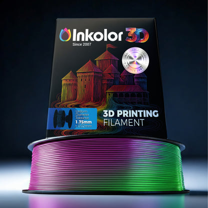 Inkolor Silk PLA+ Tricolor Blau Grün Violett Filament 1.75mm 1Kg 3D-Druck Filament Spool with vibrant color transitions.