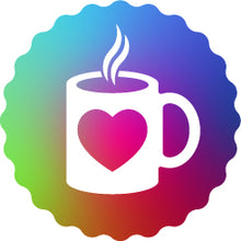Colorful icon of a coffee mug with a heart design, created by Upsell Kit app for Kaffikässeli product.