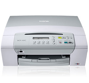 Brother DCP-145C multifunction inkjet printer with scanning, copying, printing capabilities; compact design in a sleek gray finish.