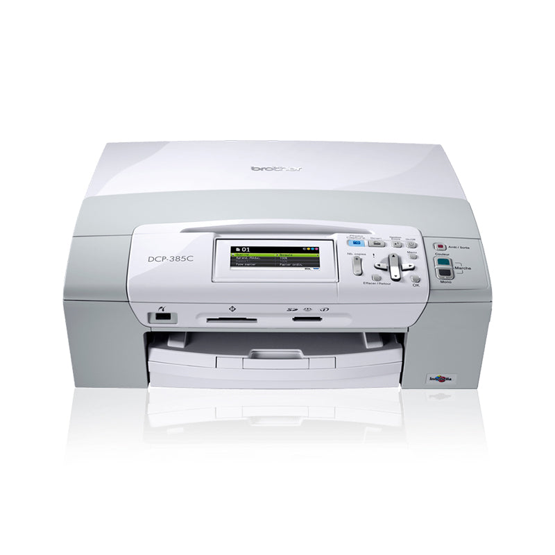 Brother DCP-385C inkjet multifunction printer with display, combining printing, scanning, and copying features.