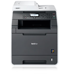 Brother DCP-9055CDN printer with color laser, copy, and scan functions, ideal for small to medium offices, featuring duplex printing.