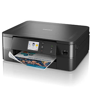 Brother DCP-J1140DW inkjet multifunction printer with wireless connectivity, shown printing a color document.