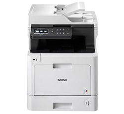 Brother DCP-L8410CDW color laser printer with touchscreen display, offering printing, copying, and scanning capabilities.