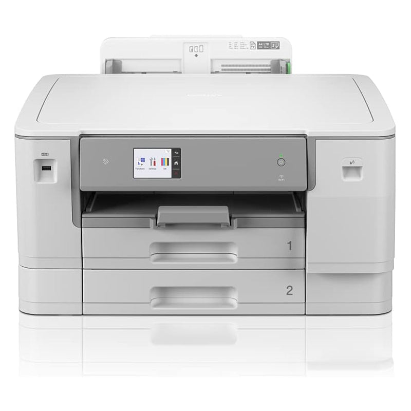 Front view of Brother HL-J6010DW inkjet printer with touchscreen, showcasing high-speed, efficient design and dual paper trays.