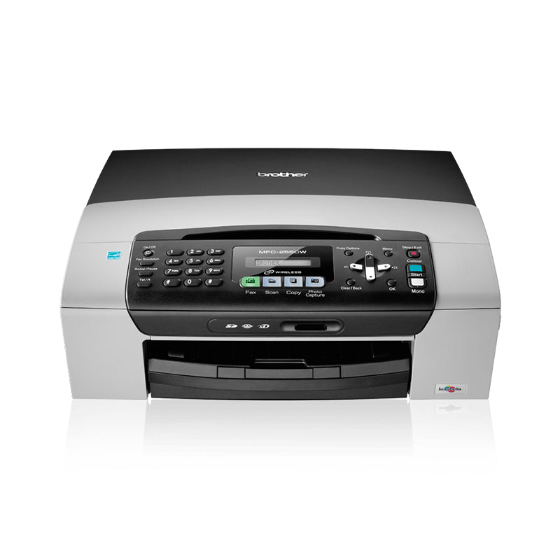 Brother MFC-255CW compact multifunction printer with wireless printing, high resolution, and fast print speeds.