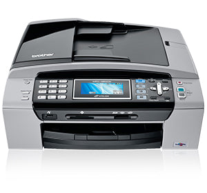 Brother MFC-490CW multifunction inkjet printer with display and control panel, featuring wireless connectivity. Compact design.