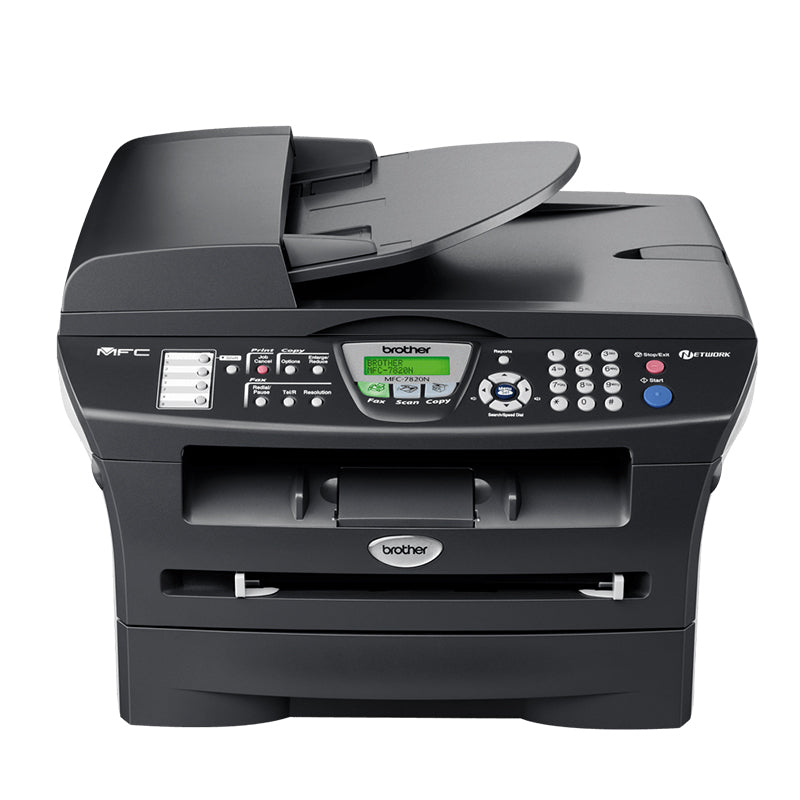 Brother MFC-7820N multi-functional laser printer with print, scan, copy, and fax features, network-ready, compact design.