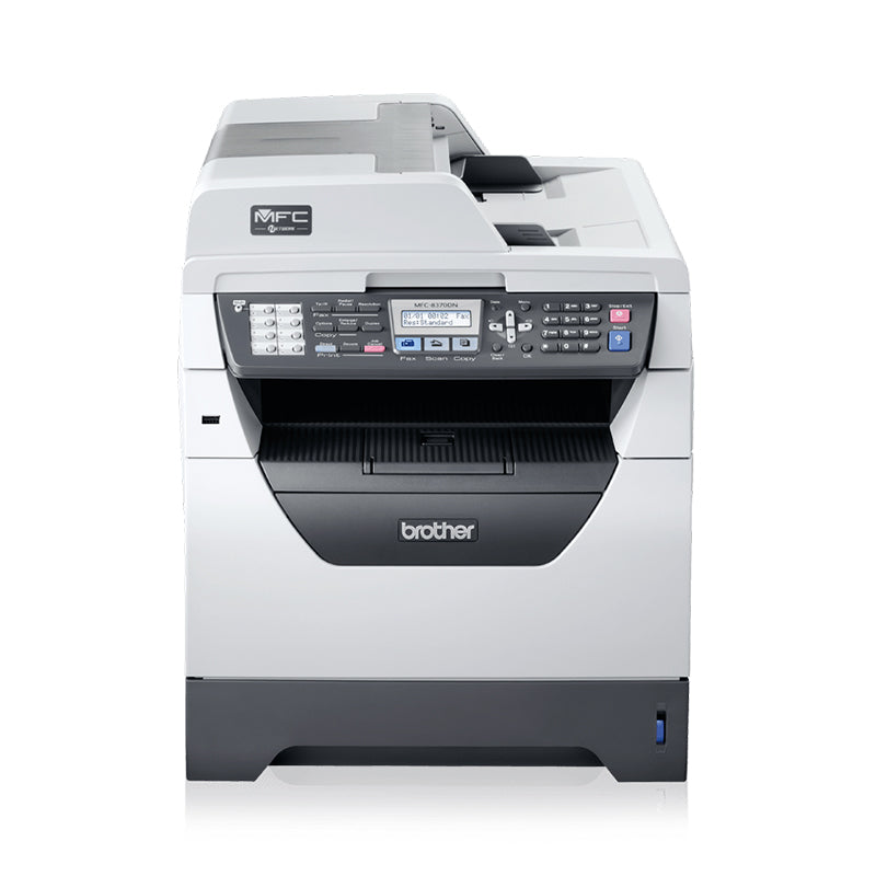Brother MFC-8370DN multifunction laser printer with 28 ppm speed, duplex printing, and network interface suitable for office use.