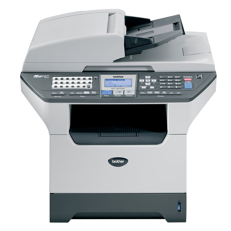 Front view of Brother MFC-8870DW multifunctional laser printer with printing, copying, scanning, and fax capabilities for office use.