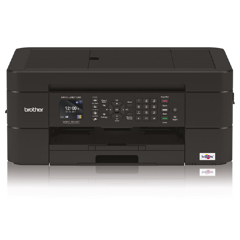 Brother MFC-J491DW inkjet multifunction printer with compact design, showcasing front panel and display, suitable for home offices.