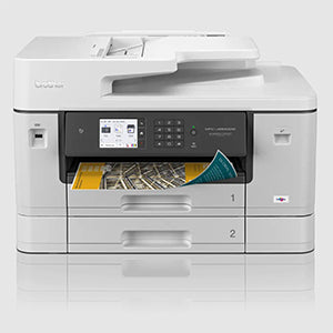 Brother MFC-J6940DW inkjet multifunction printer with paper tray and control panel, ideal for office environments.