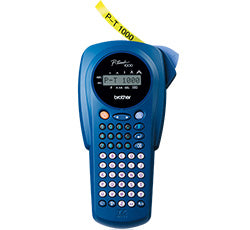 Brother PT-1000 label printer with keypad, displaying label output, ideal for home or office, using TZe tape technology.