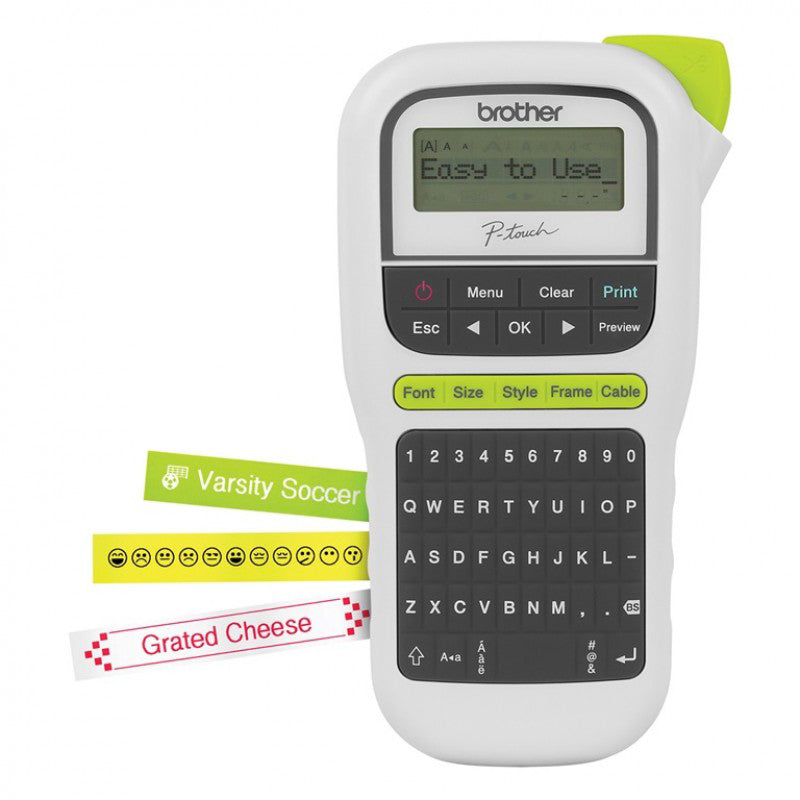 Brother PT-110 label printer displaying text samples, ideal for home or office use, featuring versatile printing options and easy operation.