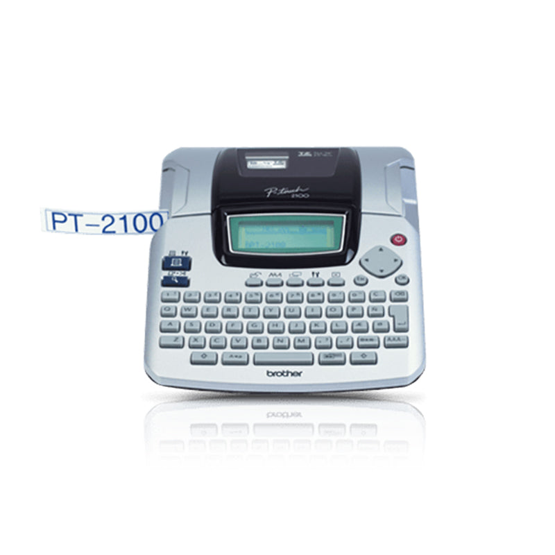 Brother PT-2100VP label printer showing printed label, designed for office use with fast printing and customizable options.