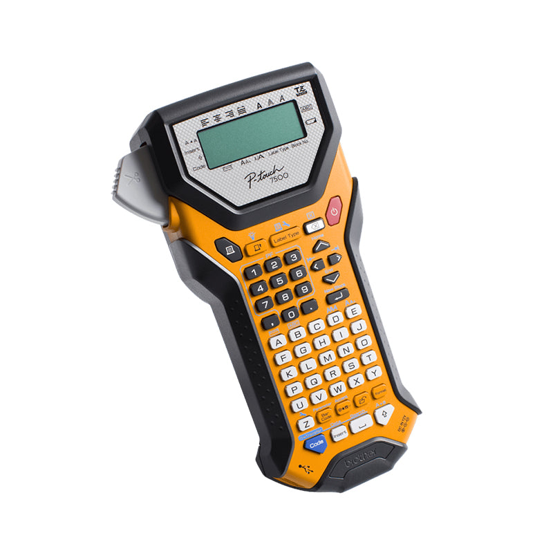 Portable Brother PT-7500 label printer with orange and black design, ideal for challenging environments.