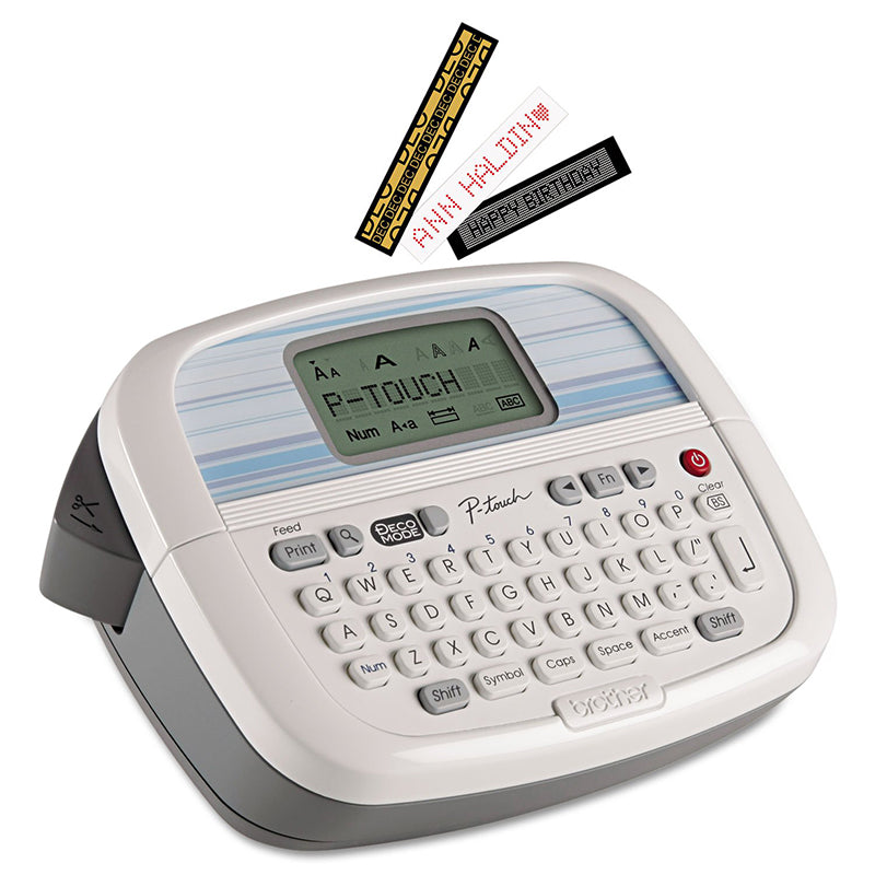 Brother PT-90 label maker with printed labels, compact and user-friendly design for home and office, showcasing typing interface.
