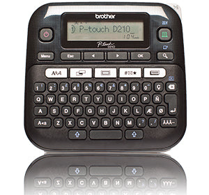 Compact Brother PT-D210 label printer with QWERTZ keyboard and display, ideal for home and office use.