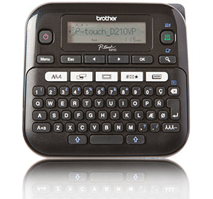 Brother PT-D210VP label maker with keyboard and display screen, ideal for home or office, supports various fonts and tape sizes.