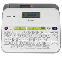 Brother PT-D400 label printer with QWERTZ keyboard and LCD display, ideal for office and home use.
