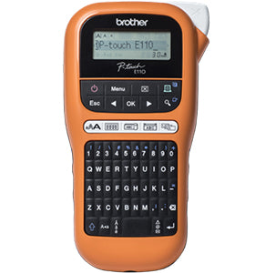 Brother PT-E110VP portable label printer with QWERTY keyboard, ideal for industrial use, supporting TZe tapes for custom labels.