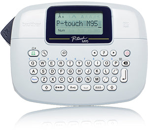 Brother PT-M95 label printer with QWERTZ keyboard and LCD display, designed for home and office use.