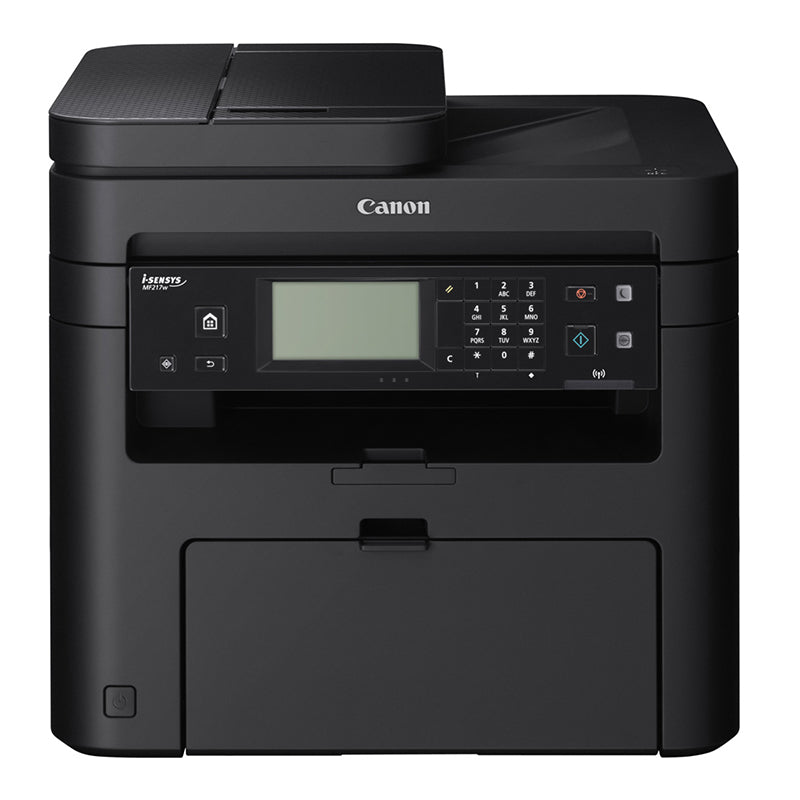 Front view of Canon i-SENSYS MF-217w multifunction laser printer with control panel and document feeder.