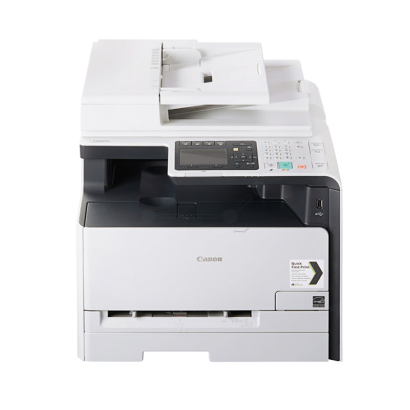 Canon i-SENSYS MF-628 multifunction color laser printer with touch display, featuring print, copy, scan, and fax capabilities.