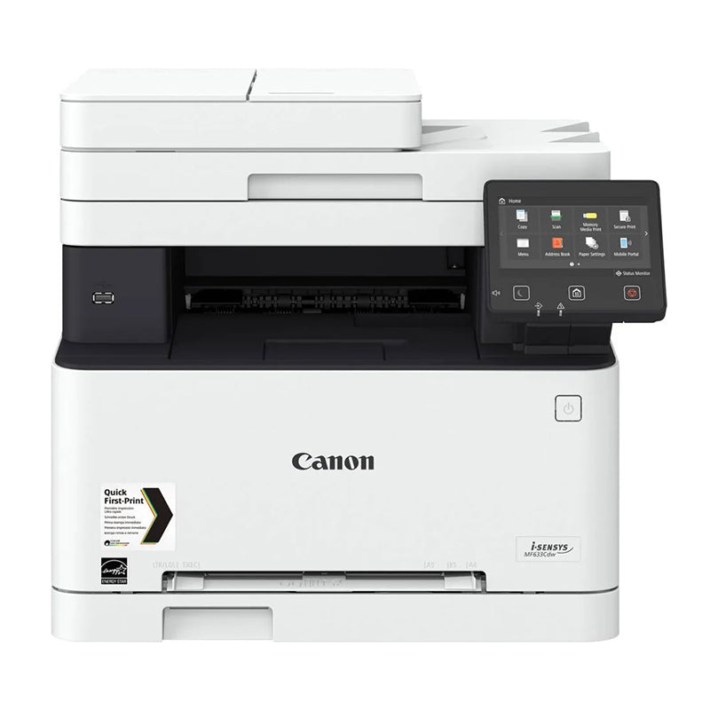 Canon i-Sensys MF-633 multifunction color laser printer with touch display, ideal for small offices and home use, front view.
