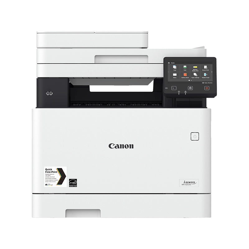 Canon i-Sensys MF-732CDW color laser printer with touchscreen and multifunction capabilities for high-speed office printing.