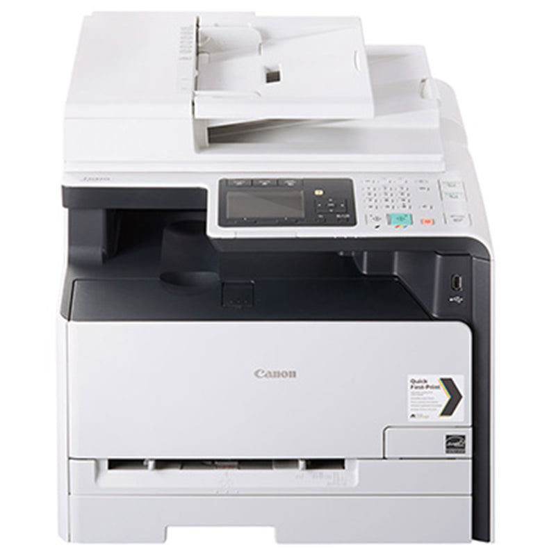 Canon i-SENSYS MF-8230CN multifunction color laser printer front view, ideal for small offices with print, copy, and scan capabilities.